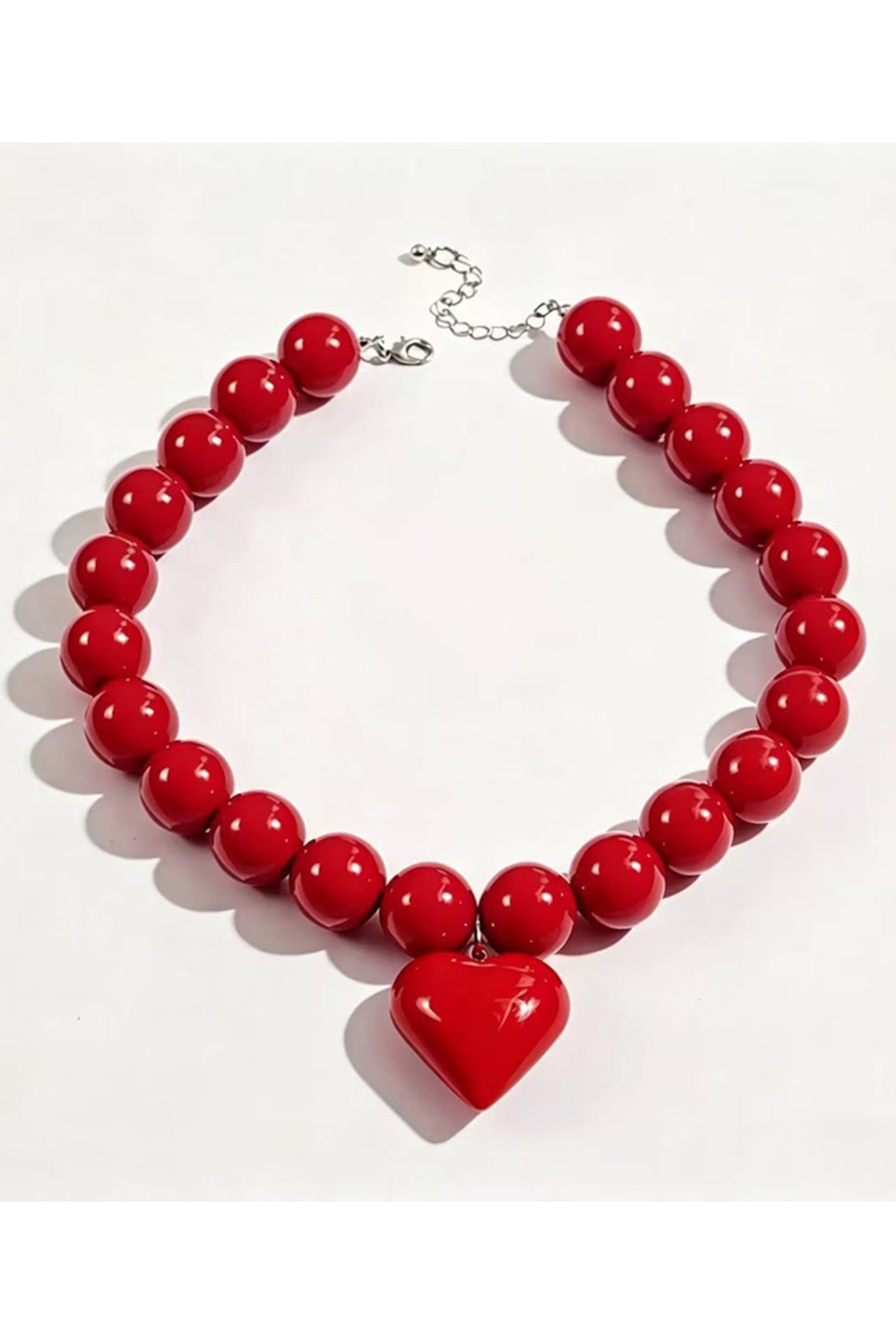 Colorful Round Beaded Heart Necklace-Red