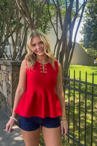 Red Peplum Horsebit Top Entro