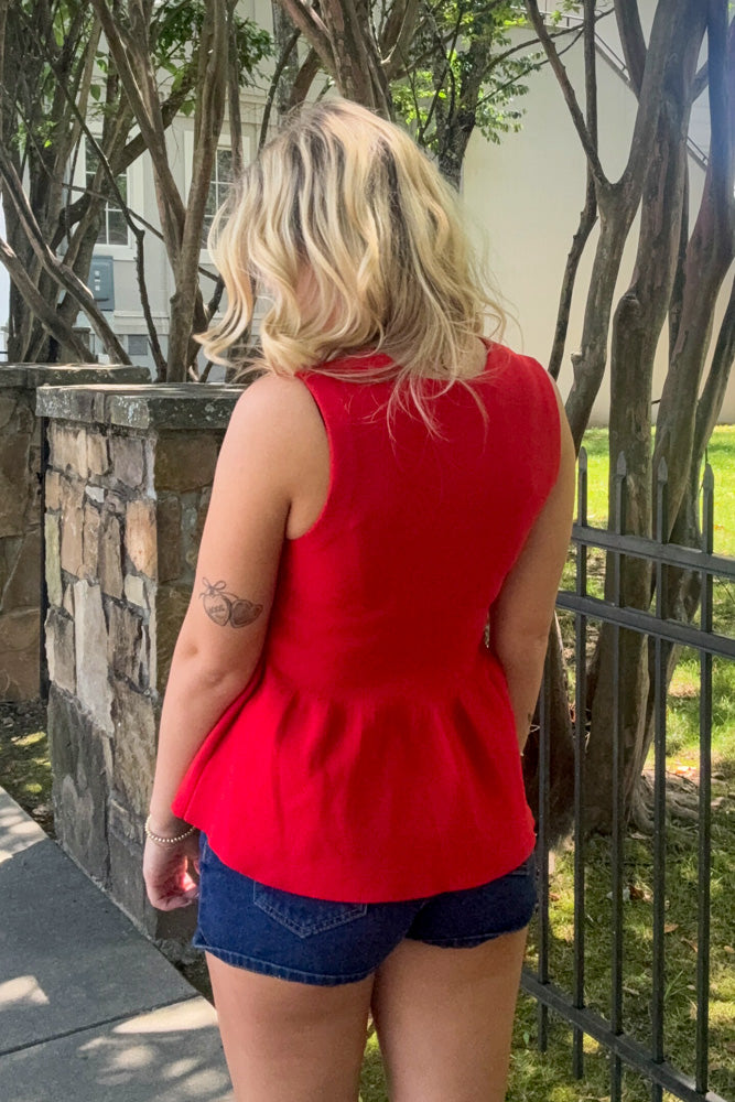 Red Peplum Horsebit Top back