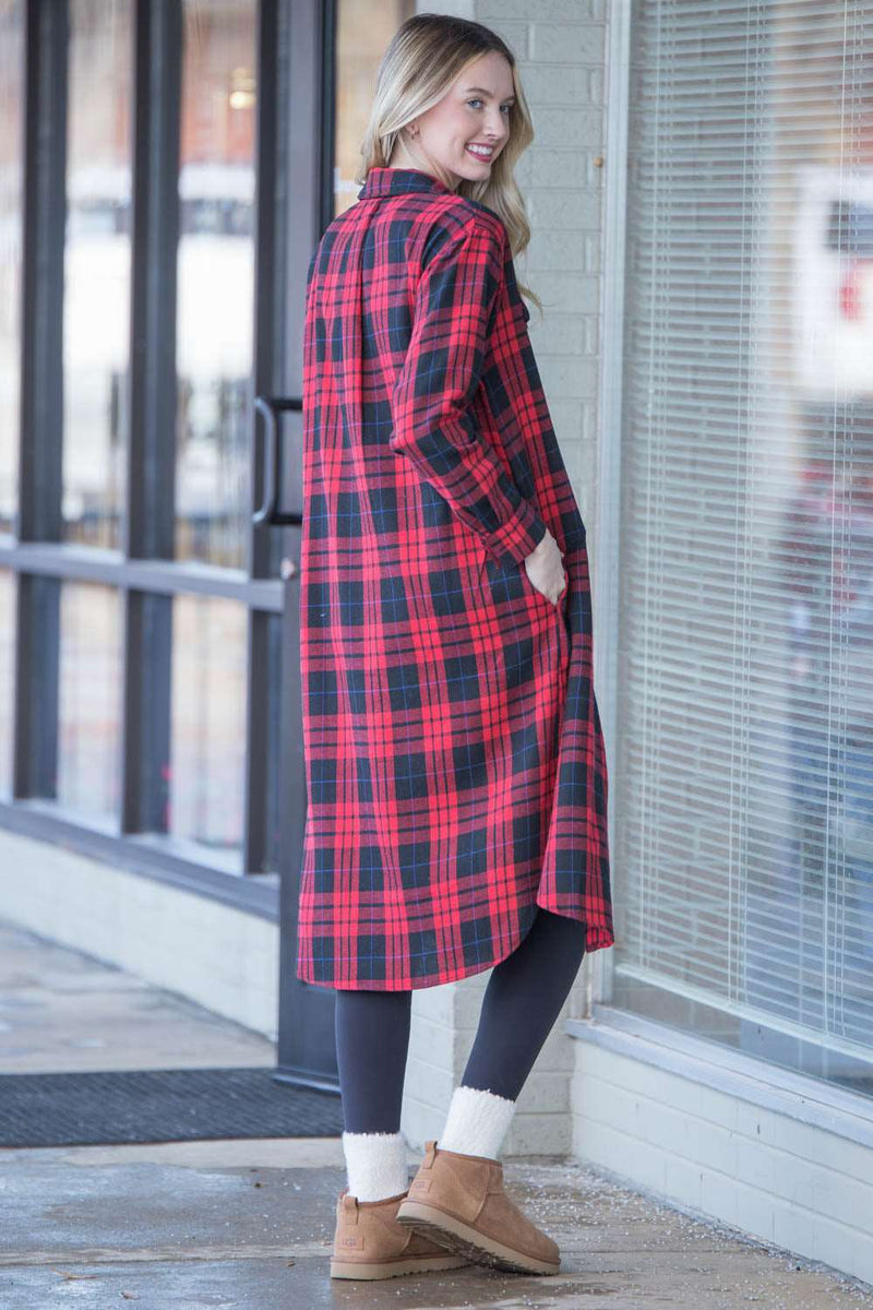 Home For The Holidays Longline Shacket-Red Plaid