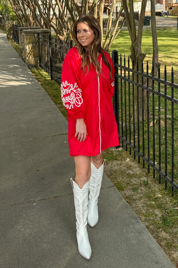 Delicate Details embroidered sleeve babydoll dress in red by TCEC – flirty red babydoll dress