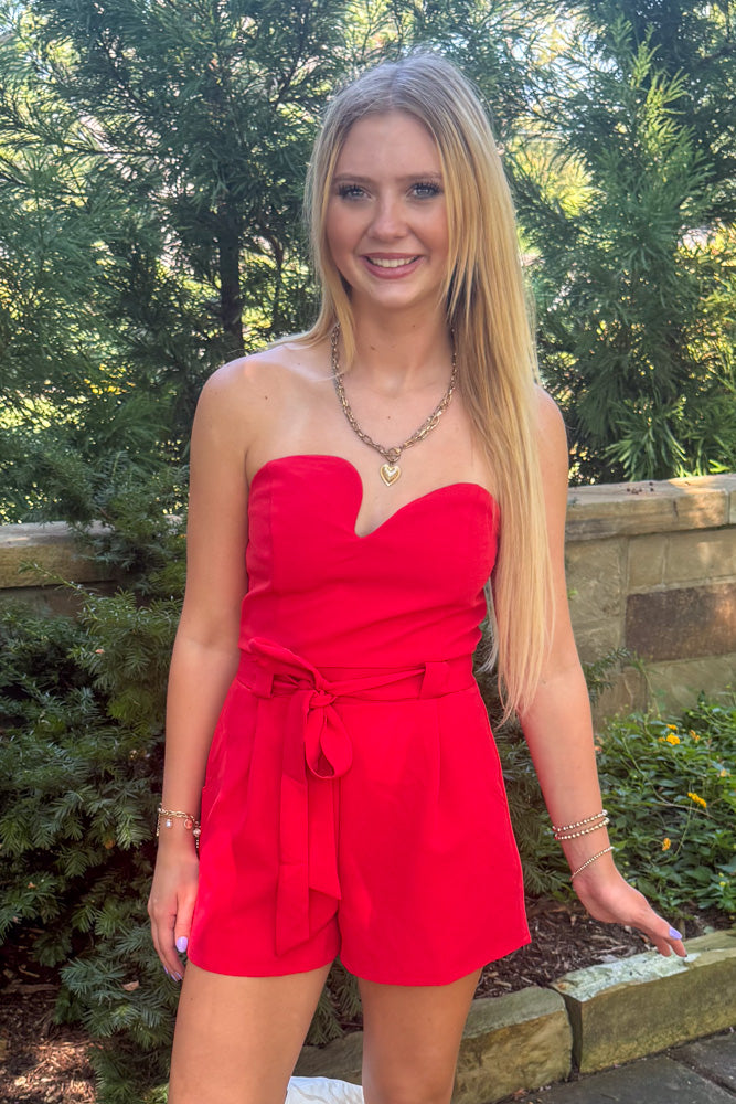Red Asymmetrical Strapless Romper Red Close up