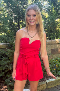 Red Asymmetrical Strapless Romper Red Close up
