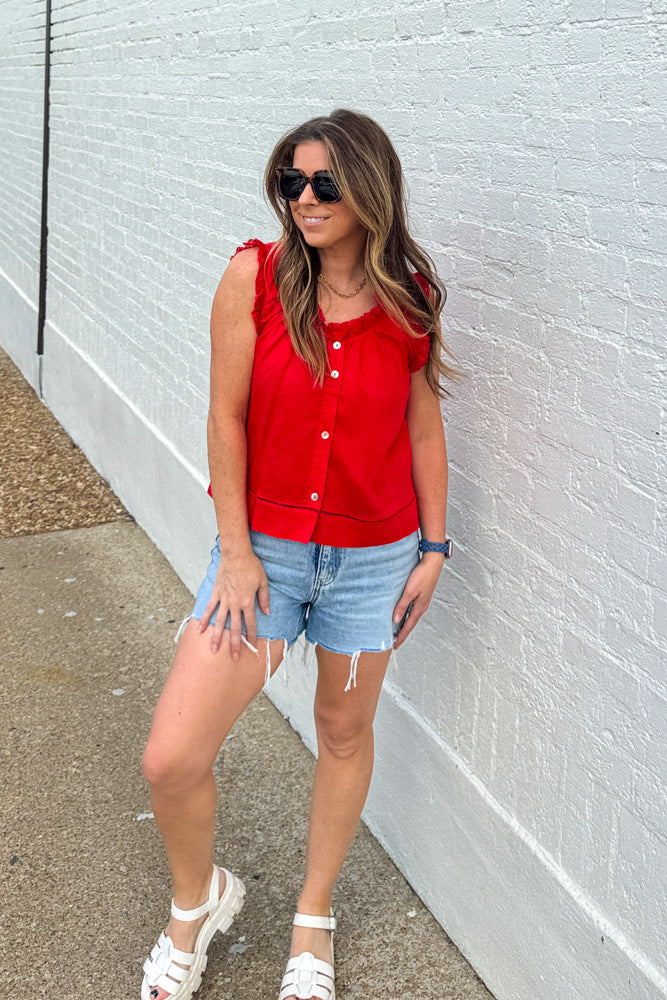 Woman wearing Simple As That red lace trimmed button front top by TCEC with delicate lace details
