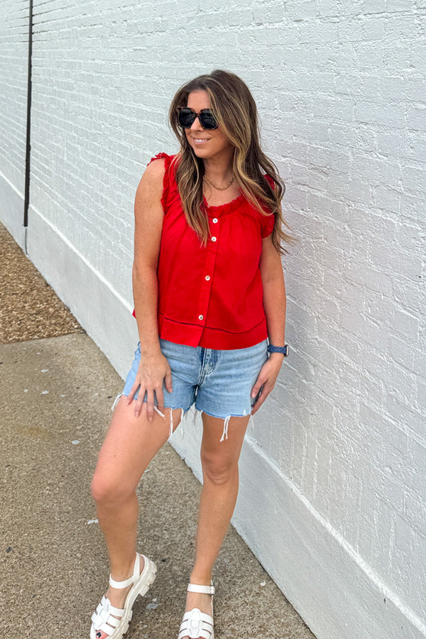 Woman wearing Simple As That red lace trimmed button front top by TCEC with delicate lace details
