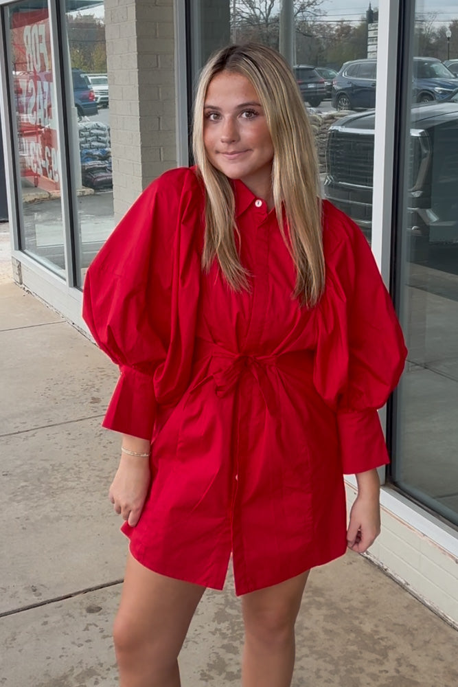 Sunday Morning Statement Sleeve Dress-Red