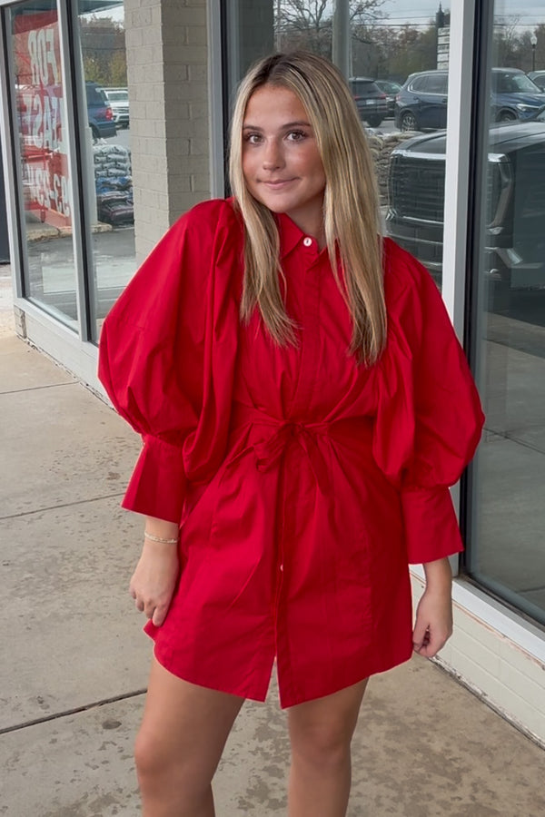 Sunday Morning Statement Sleeve Dress-Red