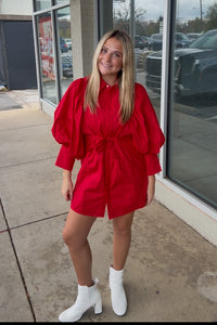 Sunday Morning Statement Sleeve Dress-Red