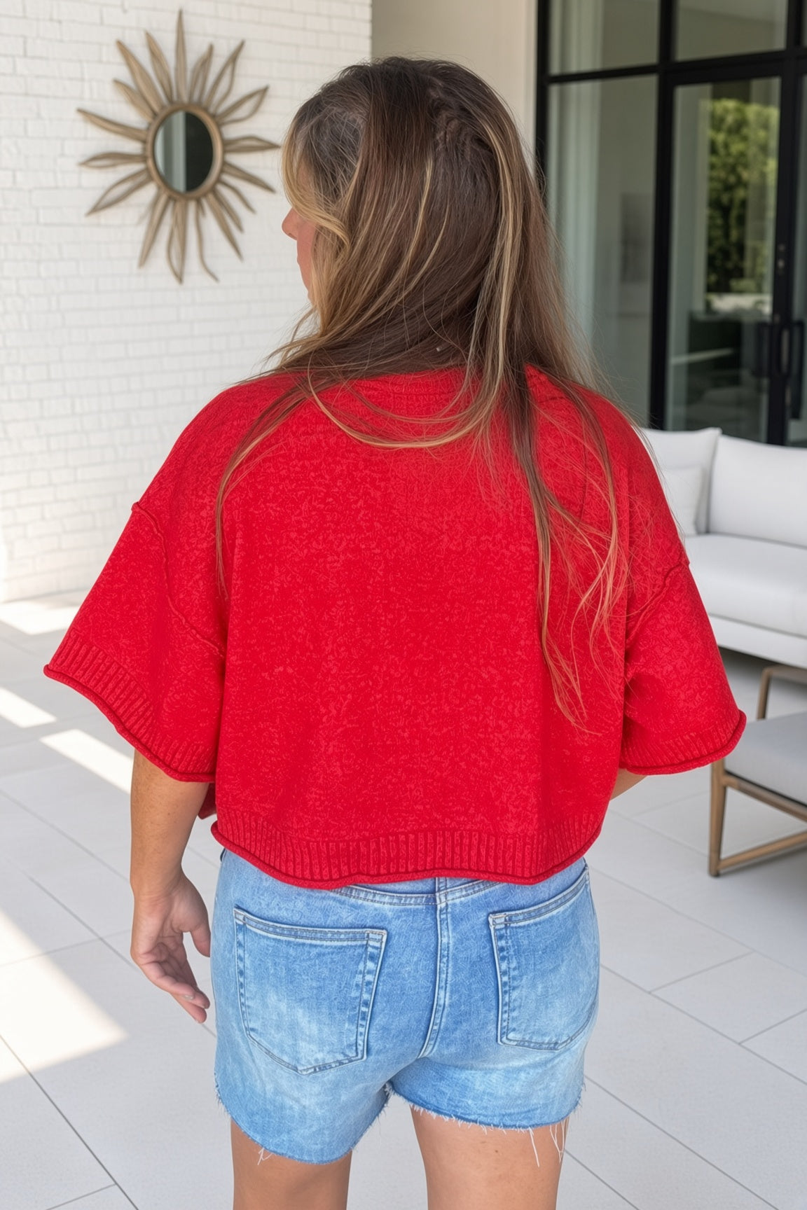 Red Cropped Short Sleeve Sweater Back
