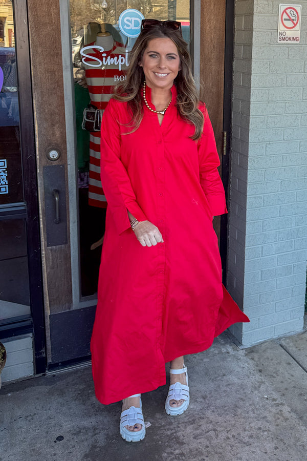 Red Entro Long Sleeve Button up Maxi Dress Simply Dixie Boutique