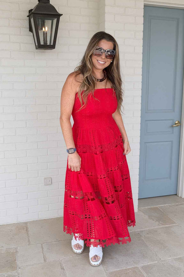 Eyelet Lace Tube Dress-Red