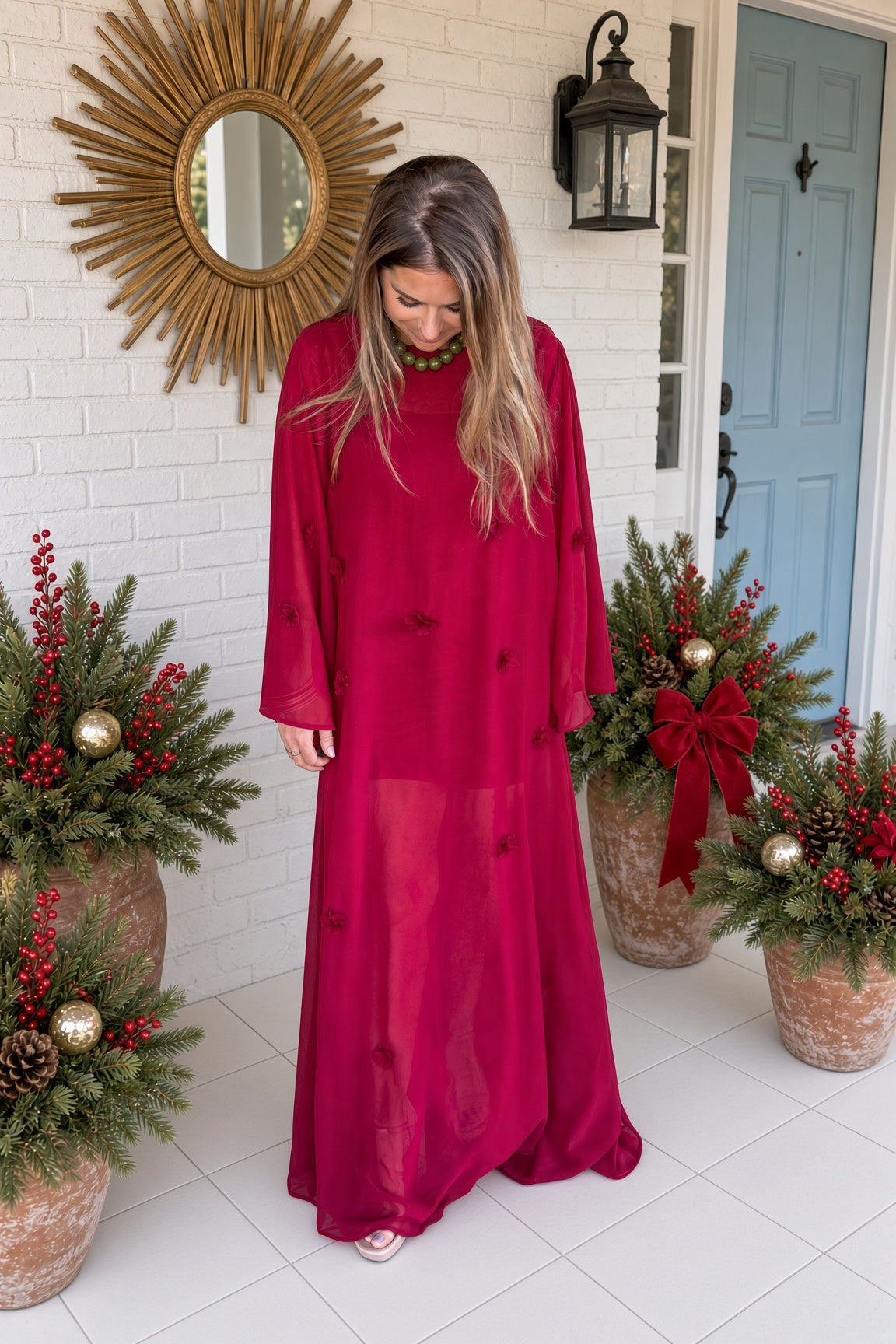 Red Floral Applique Sheer Overlay Dress