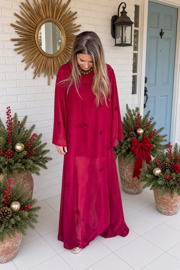 Red Floral Applique Sheer Overlay Dress