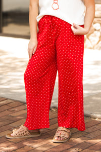 Relaxed Polka Dot Wide Leg Pants-Red/White