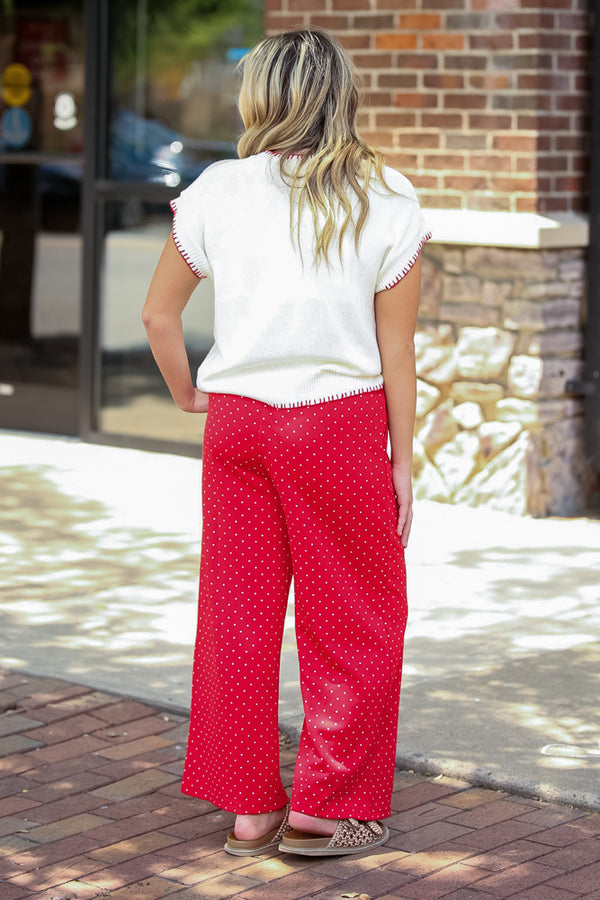 Relaxed Polka Dot Wide Leg Pants-Red/White