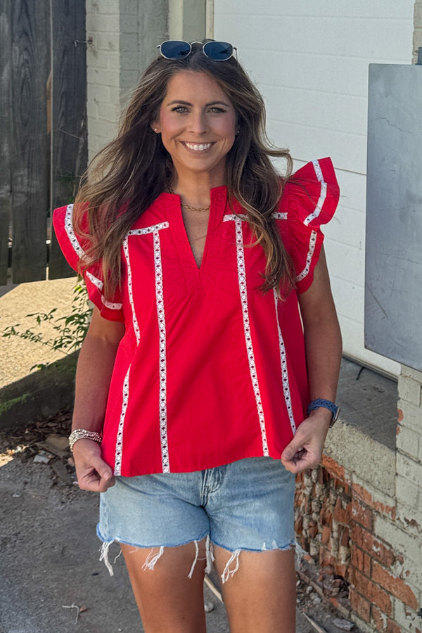 Lace Trim Flutter Sleeve Poplin Top-Red