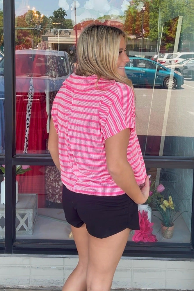 Raised Rib Striped Collared Top