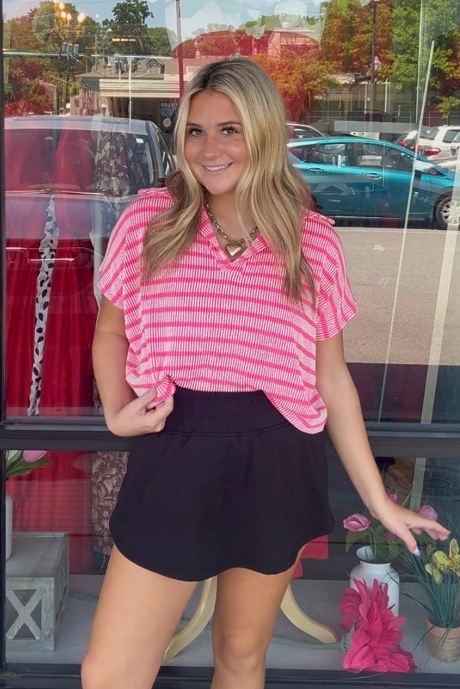 Raised Rib Striped Collared Top