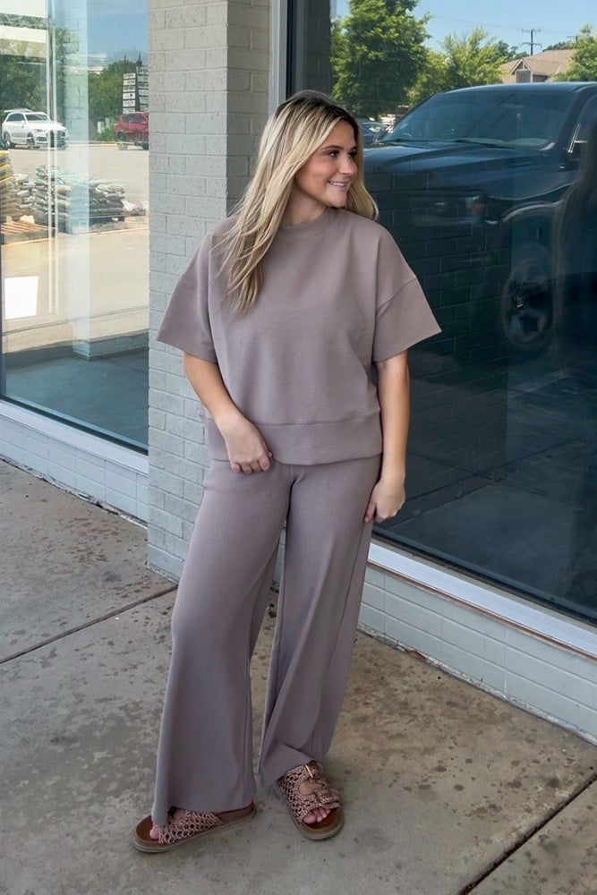 Zenana-Ribbed Round Neck Tee and Pants Set