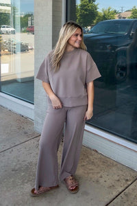 Zenana-Ribbed Round Neck Tee and Pants Set