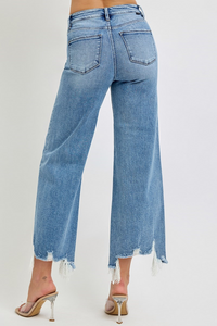 Risen Jeans-High Rise Crop Wide Step Hem Jeans-Medium