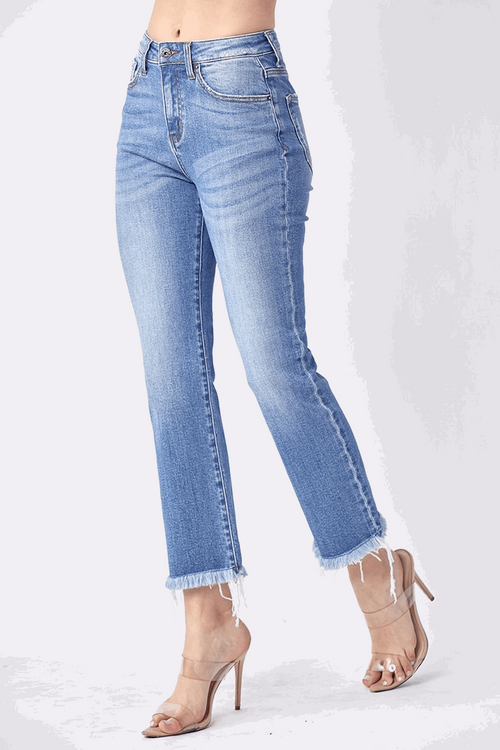 Risen Jeans-Mid Rise Raw Hem Straight Jeans-Light