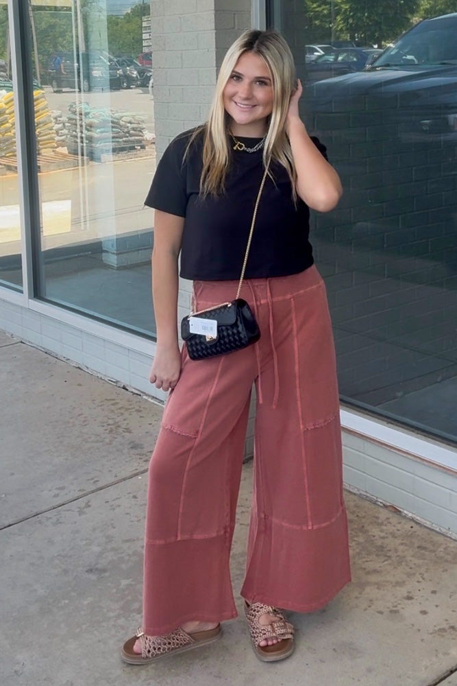 Zenana French Terry Paper Bag Waist Pants Rust