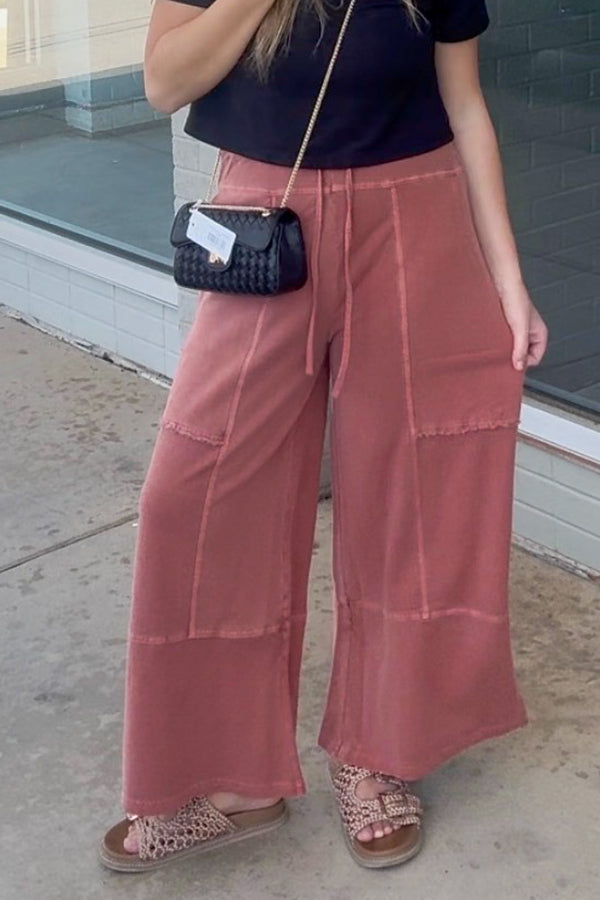 Zenana French Terry Paper Bag Waist Pants Rust Close up