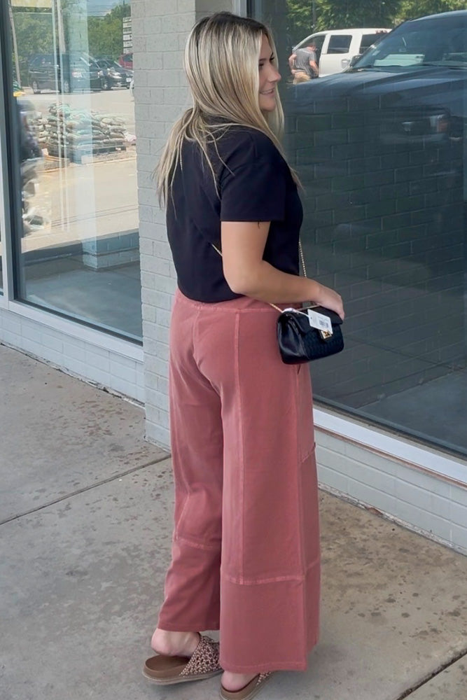 Zenana French Terry Paper Bag Waist Pants Rust back