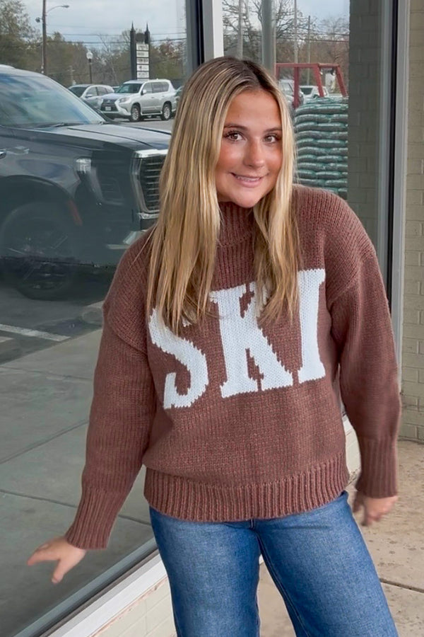 Time To Ski Sweater Top-Brown/Blue