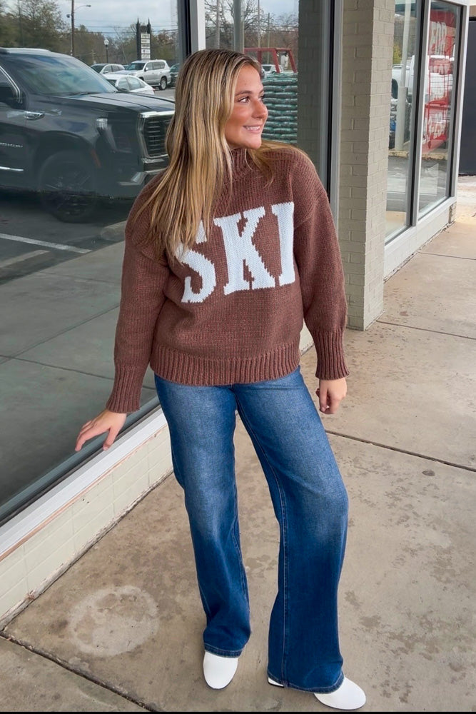 Time To Ski Sweater Top-Brown/Blue