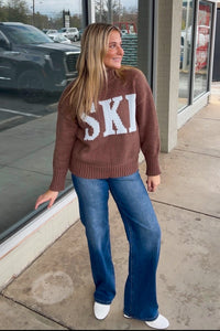 Time To Ski Sweater Top-Brown/Blue