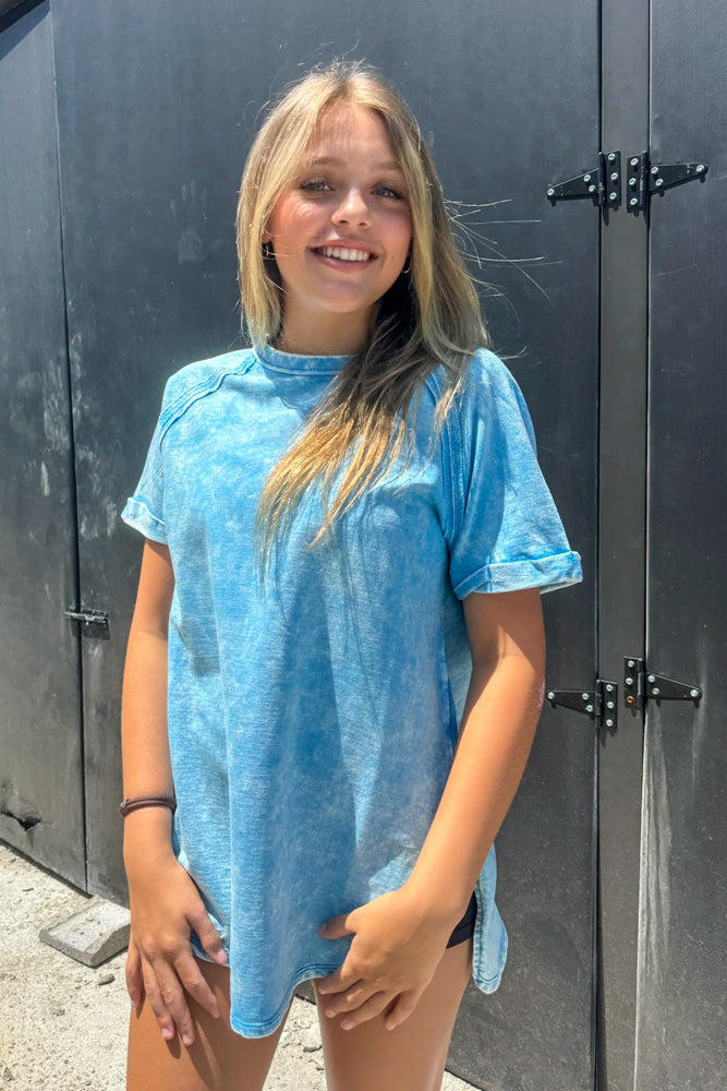 Zenana-French Terry Acid Wash Short Sleeve Cuff Pullover – Simply