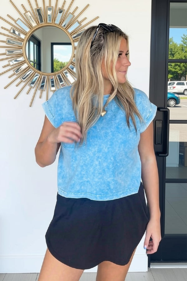 Sky Blue Zenana Cropped Acid Washed Tee