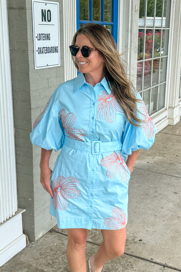 Embroidered Puff Sleeve Belted Mini Dress-Sky Blue/Orange