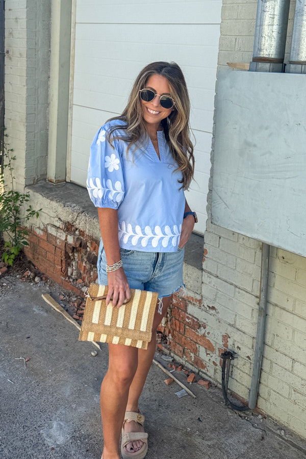 Strut and Bolt Light Blue Top with White Pattern