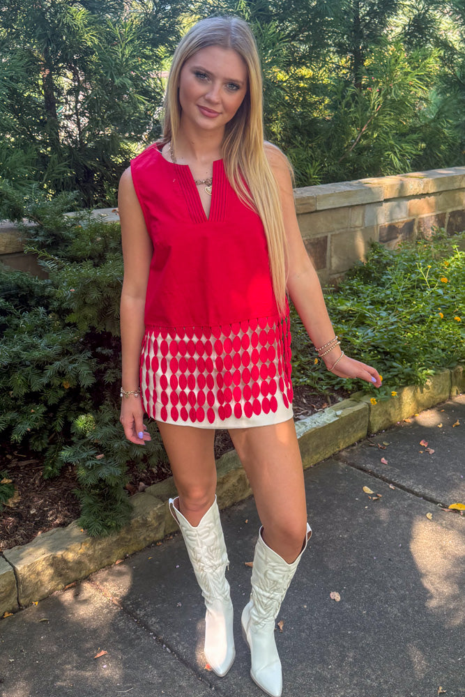 Strut and Bolt Dotted Fringe Top Red