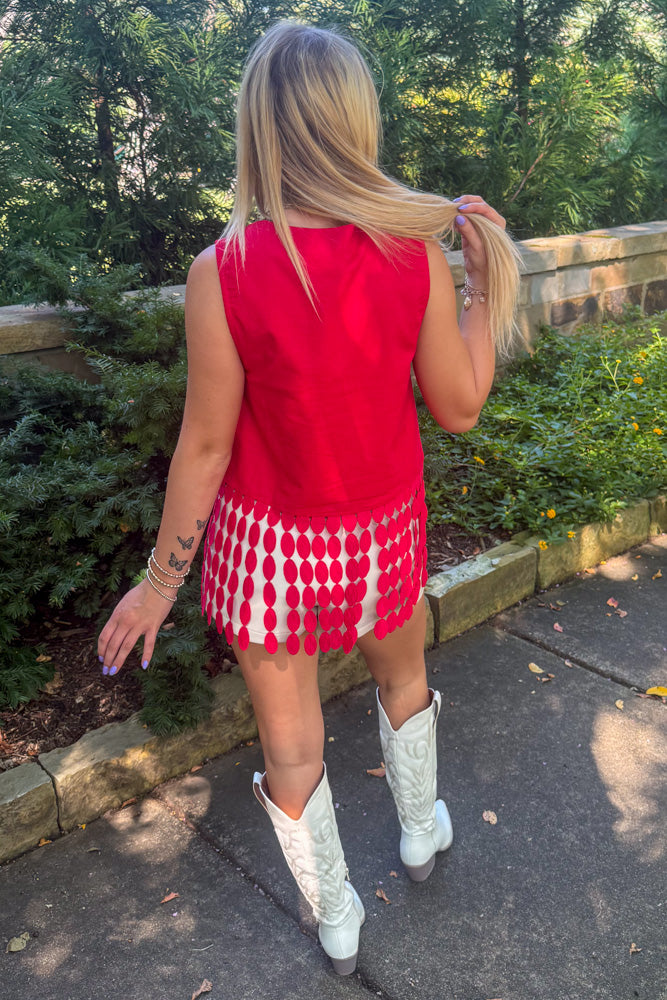 Strut and Bolt Dotted Fringe Top Red back