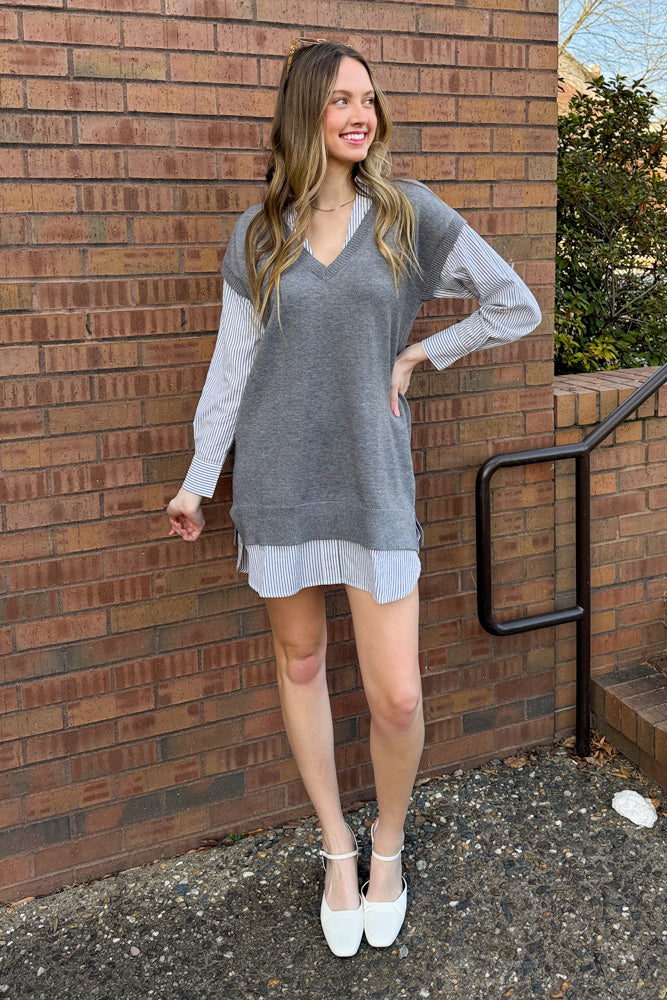 combo sweater shirt dress Mixed media mini sweater dress with layered shirt  Ivy and Pearl Boutique