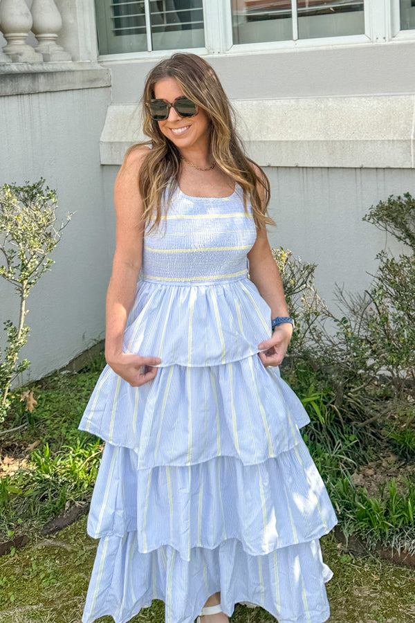 First Class Dreamin tiered maxi dress in blue yellow stripes by TCEC with smocked top