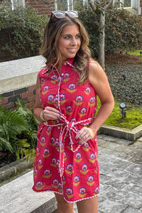 TCEC Belted Floral Button Up Dress with Scallop Trim