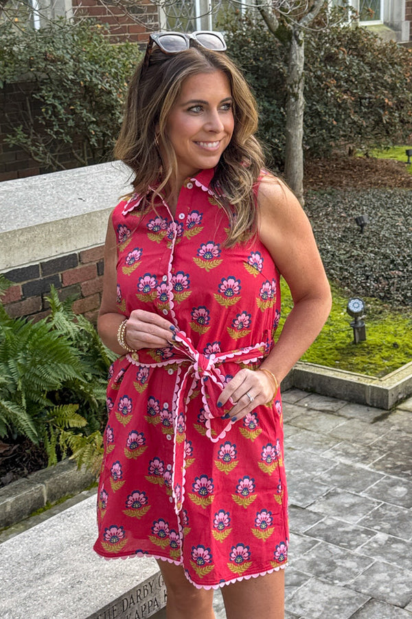TCEC Belted Floral Button Up Dress with Scallop Trim