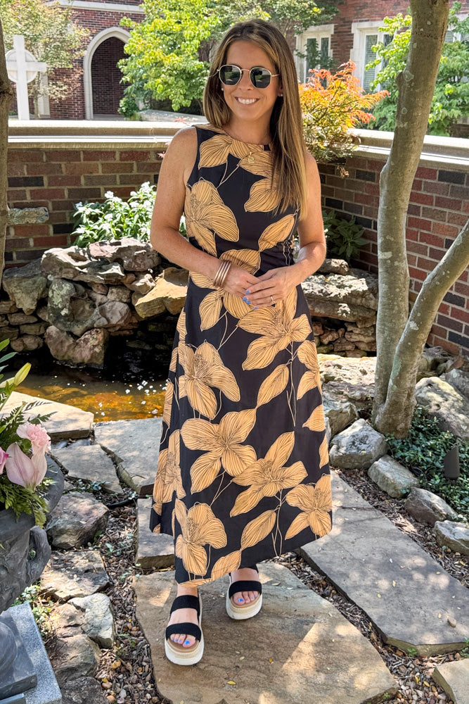 TCEC Black Floral Midi Dress