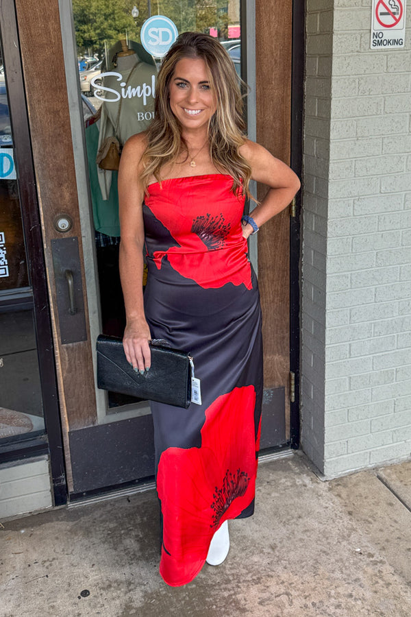 Black Silk Strapless Dress With Red Flowers