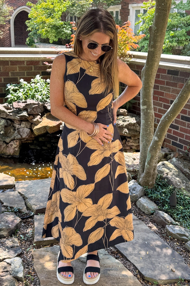 TCEC Black Floral Midi Dress for Fall