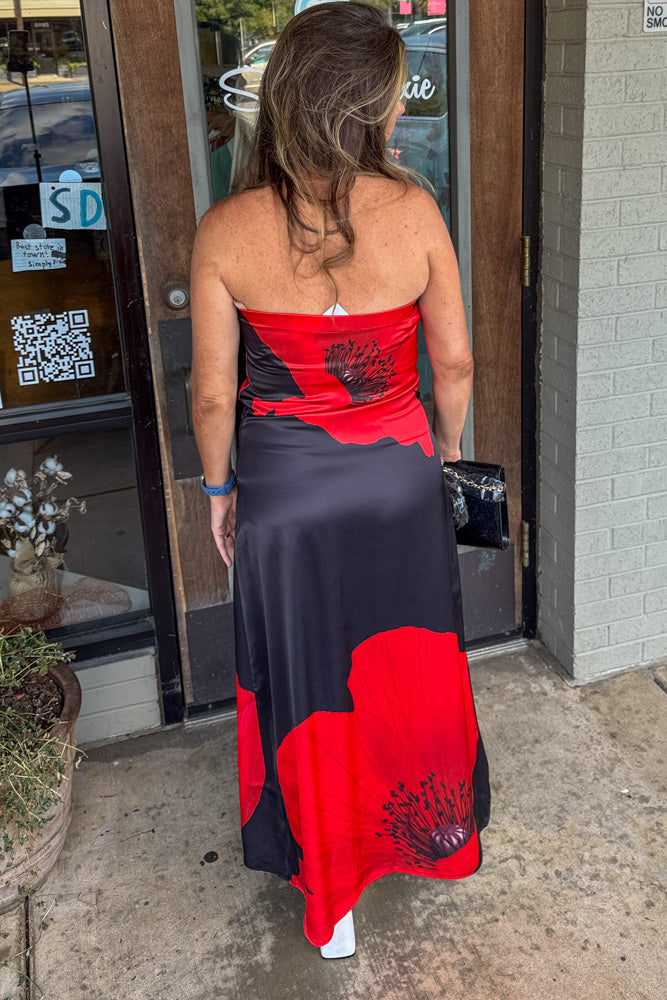 Black Silk Strapless Dress With Red Flowers back