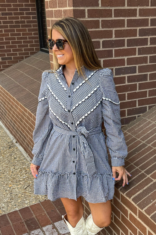 contrast trim mini dress Gingham Ruffle Detail Mini Dress – Black