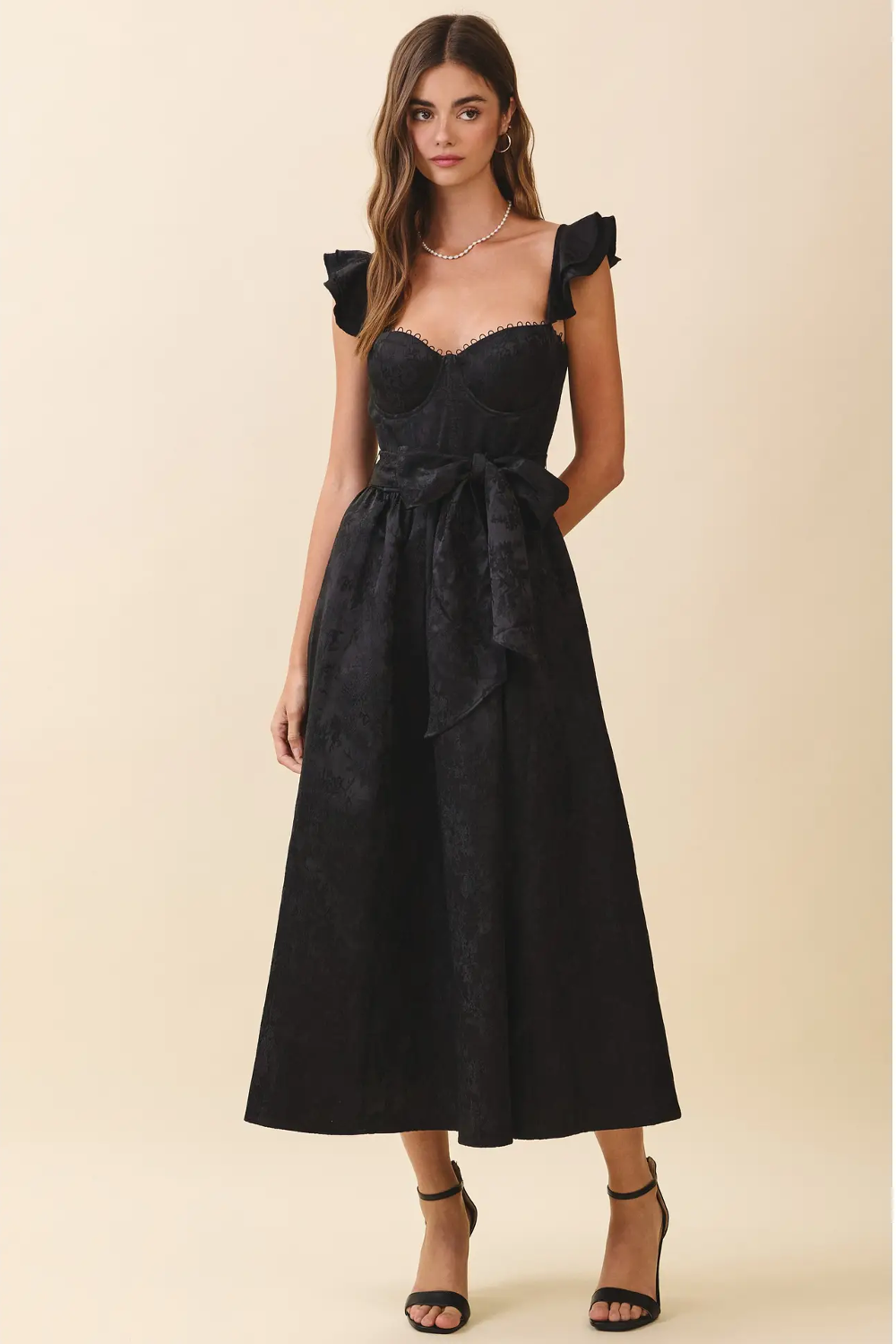 TCEC Jacquard Sweetheart Neck Ruffled Shoulder Dress – Black Large