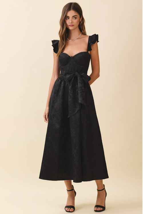 TCEC Jacquard Sweetheart Neck Ruffled Shoulder Dress Black Large TCEC Jacquard Sweetheart Neck Ruffled Shoulder Dress Black Large