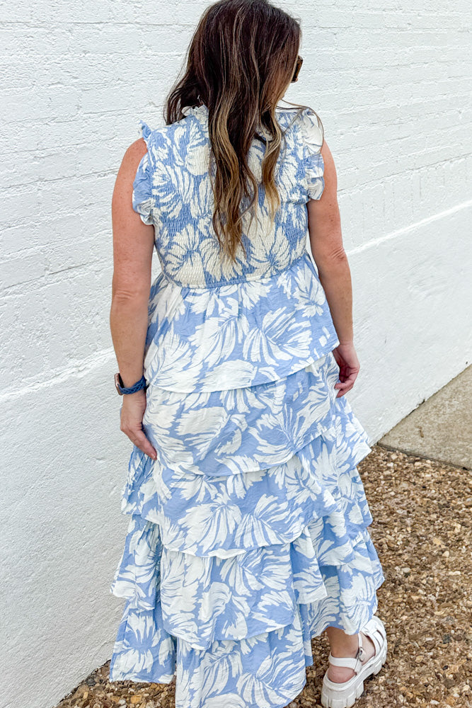 TCEC Baby Blue Tiered Dress With White Floral Pattern Back